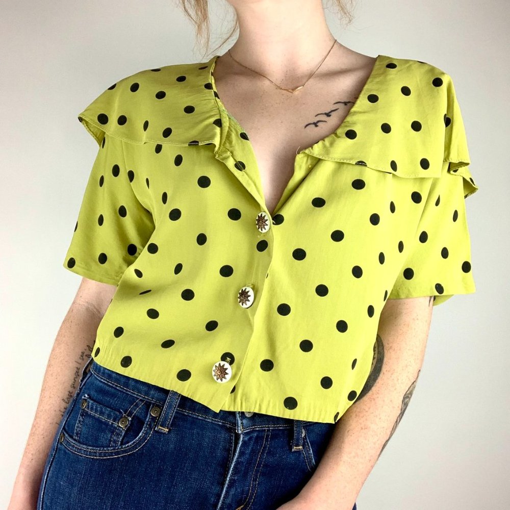 Vintage Stamp Polka Dot Button Up Ruffle Sleeve